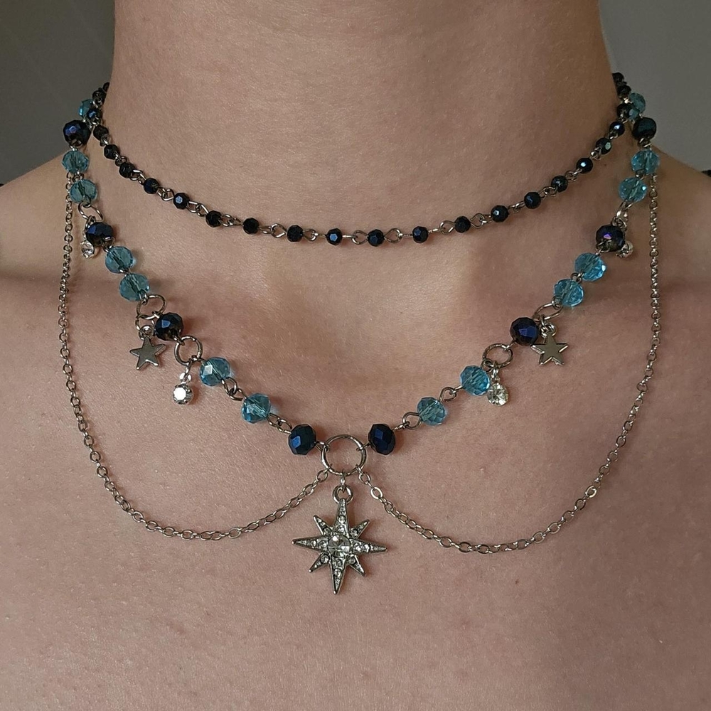 Elegant Layered Icy Blue & Silver Star Necklace Choker Set